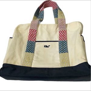 Vineyard Vines canvas tote, cream and navy, patchwork straps